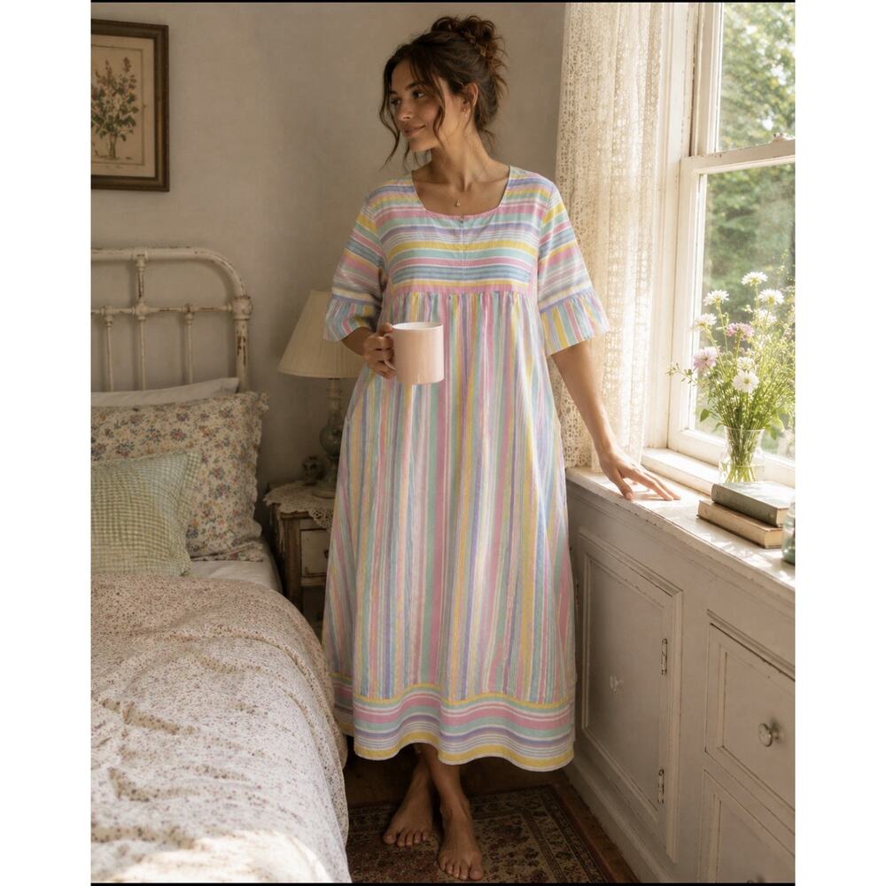 Vtg Lounge Bell Slv Caftan Pastel Striped Maxi Dress Babydoll Airy Modest Sz M